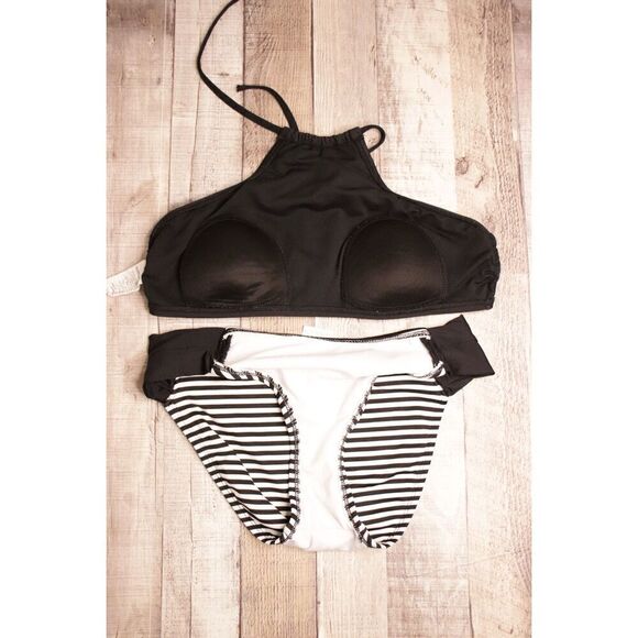Mossimo Solid Stripe Black White Halter Swim Top Bikini 2pc Swimsuit sz MEDIUM - Picture 9 of 14